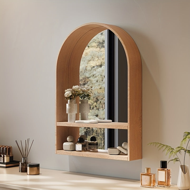 Solid Beech Wood Wall-Mounted Makeup Vanity Mirror with Integrated Storage Shelves