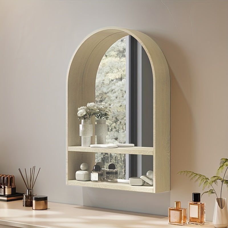 Solid Beech Wood Wall-Mounted Makeup Vanity Mirror with Integrated Storage Shelves