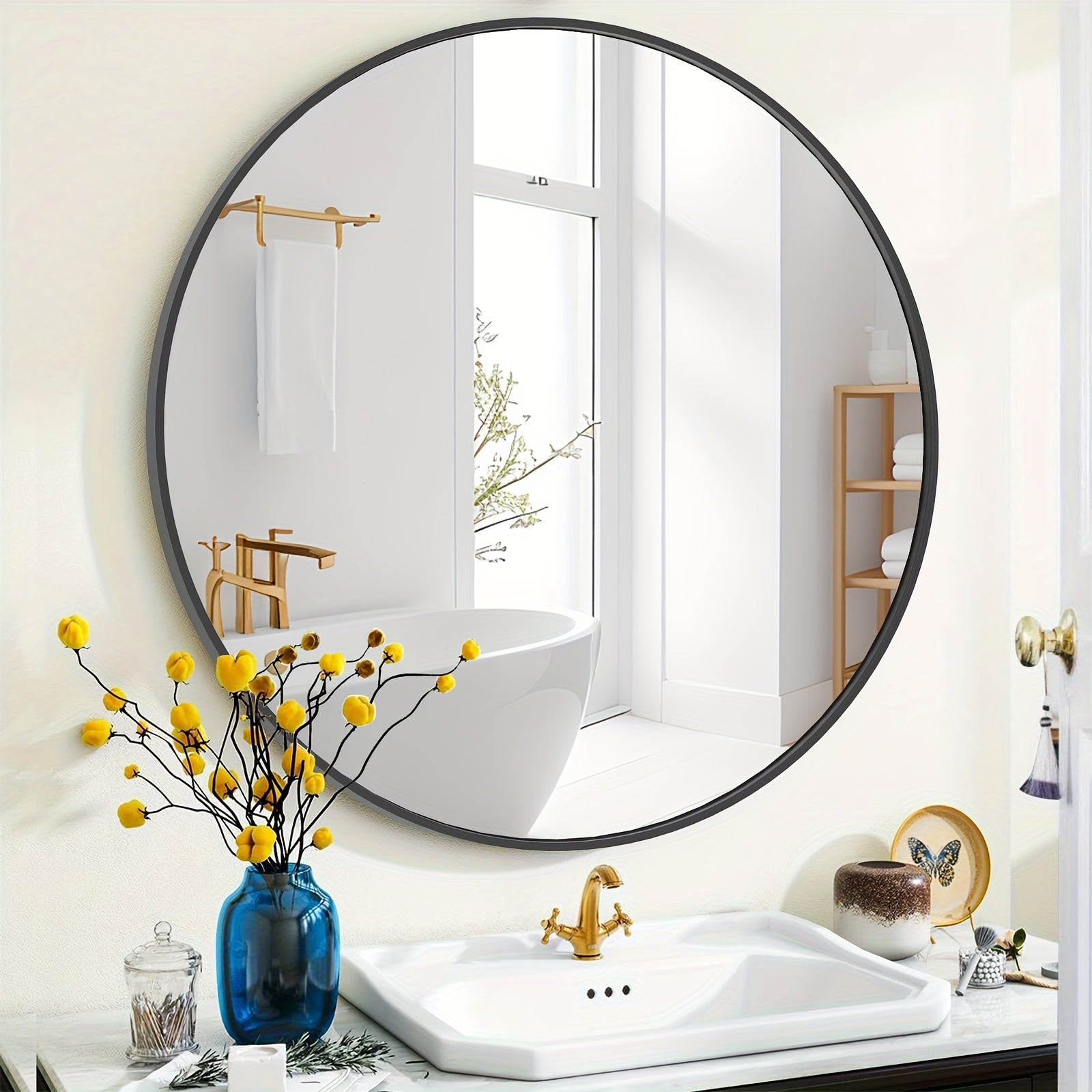 Round Metal Wall Mirror with - Matte Black or Golden Frame