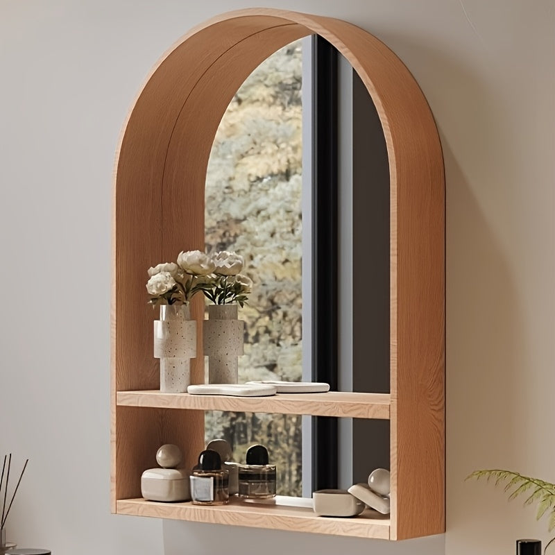 Solid Beech Wood Wall-Mounted Makeup Vanity Mirror with Integrated Storage Shelves