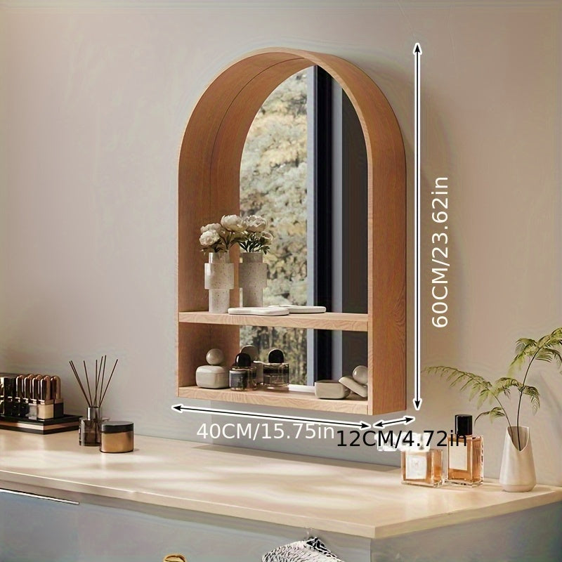 Solid Beech Wood Wall-Mounted Makeup Vanity Mirror with Integrated Storage Shelves