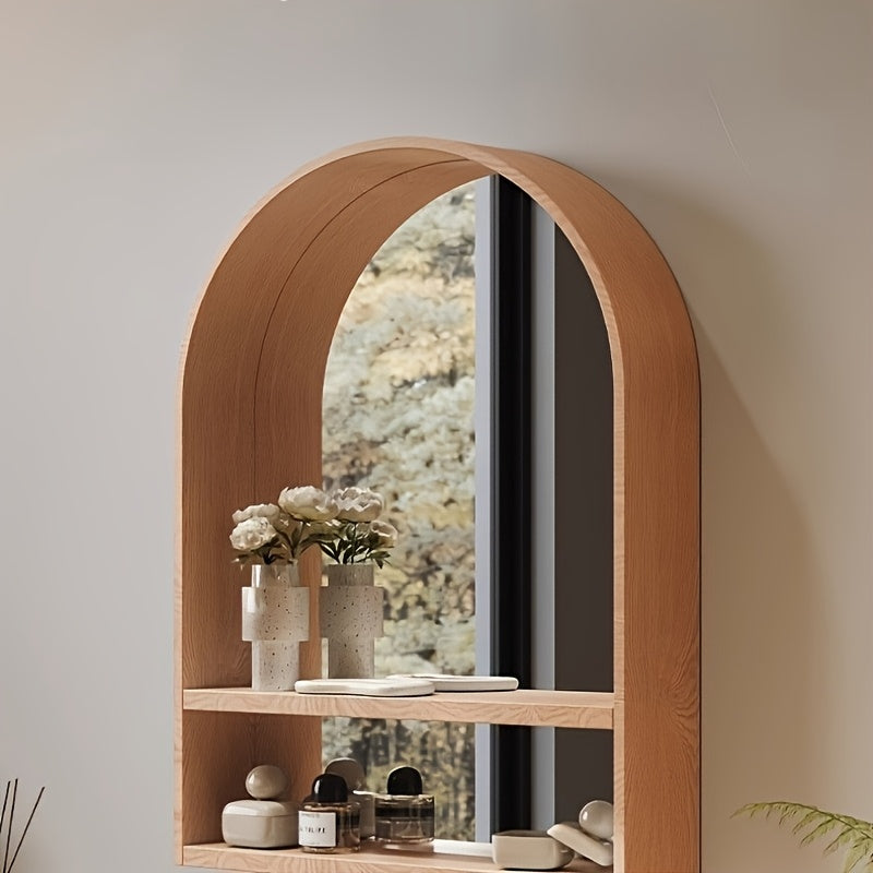 Solid Beech Wood Wall-Mounted Makeup Vanity Mirror with Integrated Storage Shelves
